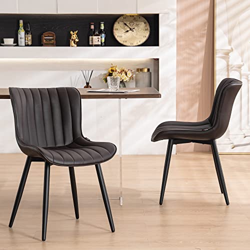 YOUNUOKE Mid-Century Modern Dining Chairs Set of 2, Dark Brown PU Leather | Faux leather upholstery with black metal legs. Fits dining room, kitchen, and guest reception. Easy to clean. Armless design - color: Dark Brown