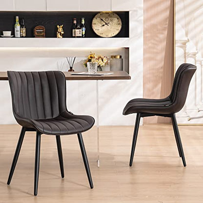 YOUNUOKE Mid-Century Modern Dining Chairs Set of 2, Dark Brown PU Leather | Faux leather upholstery with black metal legs. Fits dining room, kitchen, and guest reception. Easy to clean. Armless design - color: Dark Brown