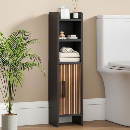 Small Bathroom Storage Corner Floor Cabinet Narrow Toilet Paper Cabinet with Adjustable Shelves Wooden Slim Bathroom Organizers and Storage with Fluted Door for Small Spaces, Black - color: Black