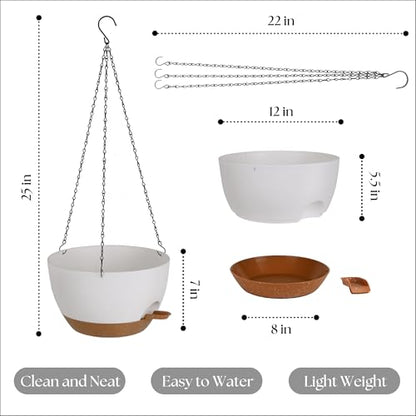 TYMENSH Hanging Plant Pots 12 Inch Set of 2, Self Watering Hanging Planters with Drainage Holes, Removable Saucer, Durable Plastic Flower Pots with Chains for Indoor Outdoor Plants, White - color: White