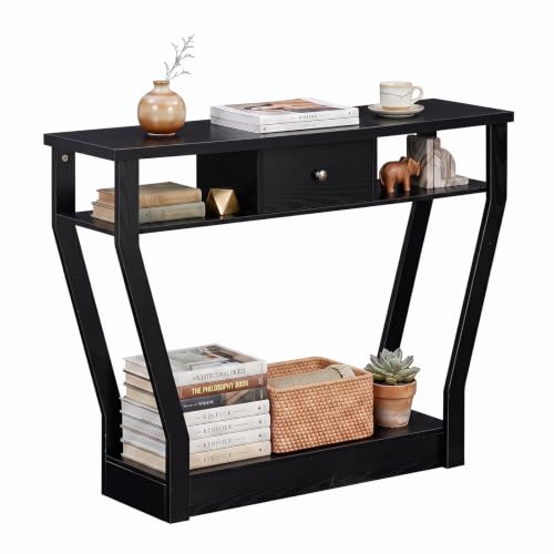 GIANTEX 43" Modern Console Table with Drawer & Storage Shelf, Black | Narrow Entryway Table w/ Geometric Angled-Leg Design, Mid-Century Behind Couch Sofa Table for Living Room, Hallway, Entrance - color: Black