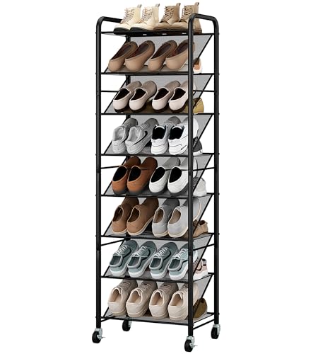 STO STO 8-Tier Narrow Shoe Rack with Lockable Wheels, Double-Sided Vinyl Mesh Shelf Shoe Organizer for Up to 30 Pairs, Slim Space Saving Metal Rolling Shoe Storage for Entryway, Closet, Hallway