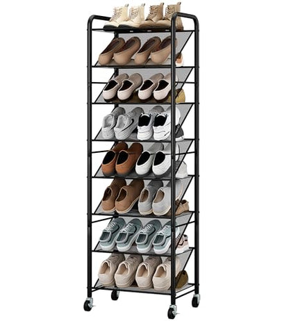 STO STO 8-Tier Narrow Shoe Rack with Lockable Wheels, Double-Sided Vinyl Mesh Shelf Shoe Organizer for Up to 30 Pairs, Slim Space Saving Metal Rolling Shoe Storage for Entryway, Closet, Hallway