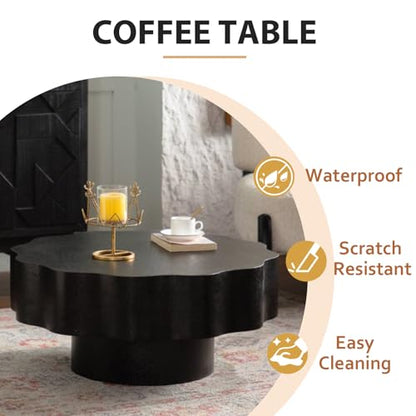 Modern Black Scalloped Coffee Table 31.5" Round Wood Center Table Wave-Shape Coffee Tea Tables with Pedestal Base for Living Room Apartment Small Space (Black) - color: Black