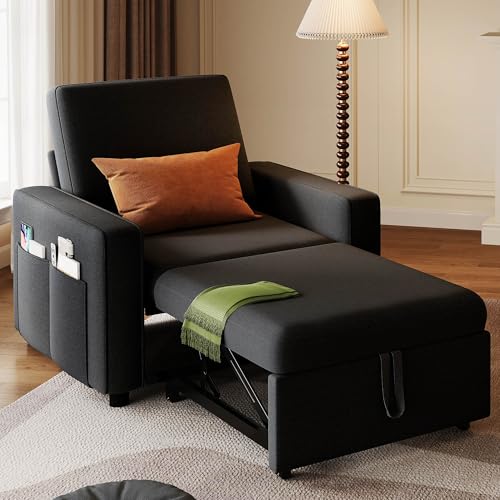 YITAHOME Convertible Sofa Chair Bed | 3-in-1 Sleeper Sofa with Pull-Out Bed, Linen Fabric Single Sleeper Chair with Reclining Backrest and Wide Armrest, Modern - color: Black, size: 74.8 x 35.8in
