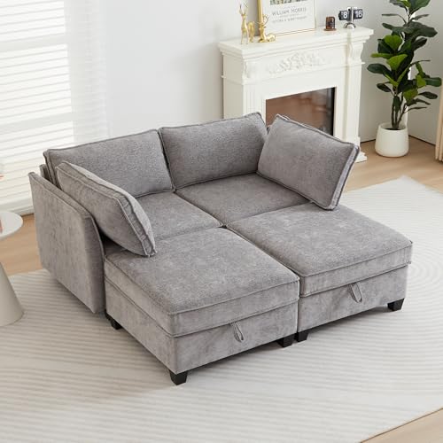 Sleeper Modular Sectional Sofa Set, Convertible Couch Bed with Storage, 4 Seater and 2 Armrestes Sofa Modular for Living Room, Office (Grey) - color: Grey, size: 4 Seater Sleeper Sofa - 1