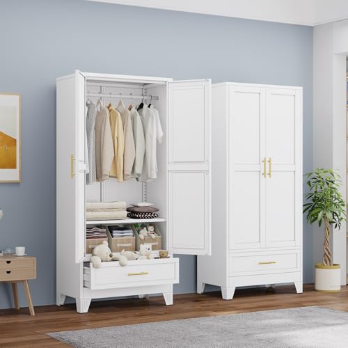 Metal Armoire Wardrobe Closet, 71" White Clothing Storage Cabinet | with Hanging Rod, Adjustable Shelf and Drawer for Laundry Room, Bedroom, Home Office, Bathroom, Large Capacit - color: No Mirror-white, size: 1 Drawer
