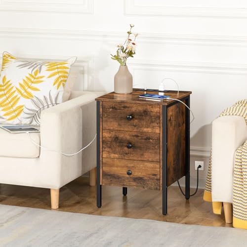 HOOBRO Nightstand with Charging Station, Side Table with 3 Drawers and Storage Shelf, End Table with USB Port, Retro Industrial Style Bedside Table, for Living Room, Bedroom, Rustic Brown BF461BZ01G2
