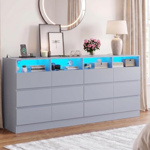 Gyfimoie 12-Compartment Divided Drawer Dresser w/Power Outlet, LED Light | Modern Dresser with 4 Open Cubbies, Spacious Chest of Drawers, and TV Stand Function for Living Room - color: Grey, size: 15.8"D x 63"W x 31.5"H (12 Drawers)