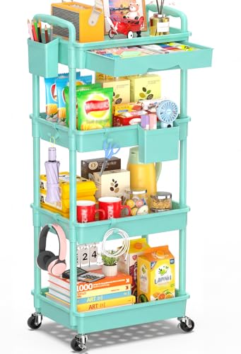 SUNALLY 4 Tier Rolling Cart with Drawer, Craft Storage Cart Organizer, Blue | Bathroom Storage Organizer with 2 Lockable Wheels, Rolling Utility Cart for Kitchen, Office, Baby, Makeup, Nail,Snack,Laundry - color: Blue, size: 4 Tier