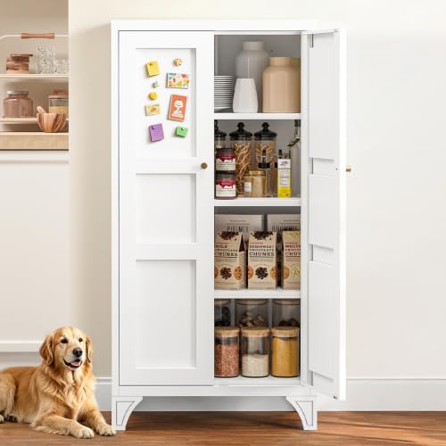 Metal Storage Cabinet with Doors and 3 Adjustable Shelves - 47" White Kitchen Pantry Storage Cabinet Locker for Kitchen,Living Room,Dining Room - color: White, size: 47"- 3 Adjustable Shelves-B
