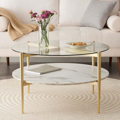 LumFurn Round Coffee Table for Living Room, Mid-Century Modern Design, D30 x H17, 2-Tier Structure, Clear Glass Top and White Marble Finish Wood Shelf, Sleek Conical Metal Legs with Gold Finish Frame - color: D30" Clear & White Marble