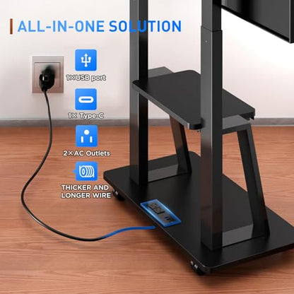 Rolling TV Stand for 32-80 Inch TVs, Mobile TV Cart with Power Outlet, Outdoor TV Stand with Wheels, Portable tv Stands for LCD OLED 4K Flat/Curved Panels Max VESA 600x400mm (Black) | TV Stand for Living Room, Outdoor TV Stand with Wheels, TV Stands for L