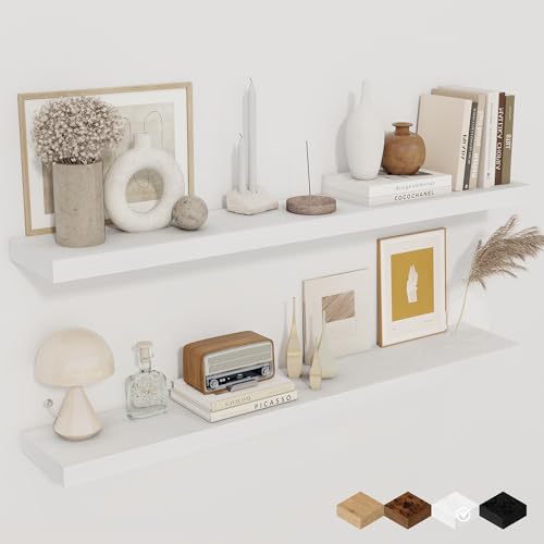 Fun Memories Floating Shelves for Wall, 40 Inch Floating Shelves for Home Decor, Wall Mounted Rustic Wood Shelves, Bathroom, Hanging Deep Shelf for Bedroom, Living Room, Kitchen (White, Set of 2) - color: White, size: 40"W x 6.5"D, 2Packs