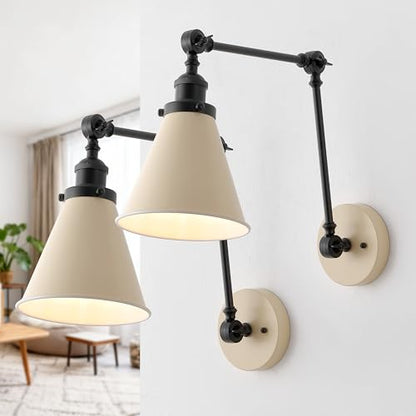 JONATHAN Y Rover 1-Light Wall Sconce 7", Almond/Black, Set of 2 | Adjustable Arm, Hardwired Bedside Reading Swing Arm, Farmhouse Cone Shade, Metal Hardwired Indoor Fixture, LED Bulbs Included - color: Almond/Black, size: Set of 2