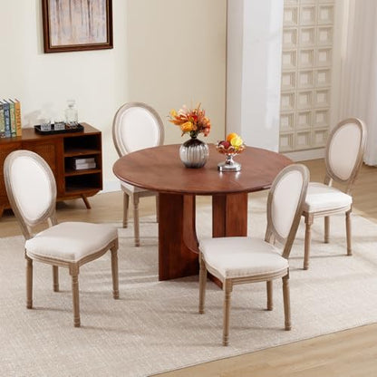 Kmax Farmhouse Dining Room Chairs, Brown Wood Legs Elegant Tufted Kitchen Chairs, French Distressed Bedroom Chairs with Round Back, Set of 6, Beige - color: Antique Brush-fabric-beige, size: 6 Chairs