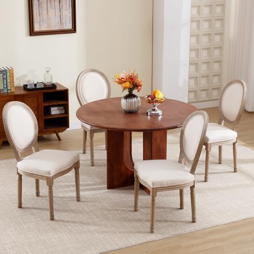 Kmax Farmhouse Dining Room Chairs, Brown Wood Legs Elegant Tufted Kitchen Chairs, French Distressed Bedroom Chairs with Round Back, Set of 2, Beige - color: Antique Brush-fabric-beige, size: 2 Chairs