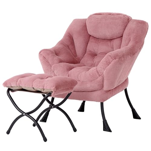Welnow Lazy Chair with Ottoman, Reading Chair with Footrest,Plush Dark Pink | A Side Pocket,Armrests,Foldable Footrest,Thick Cushioned Seat & Backrest, Lounge Chair for Bedroom,Living Room & Small Space - color: Plush Dark Pink