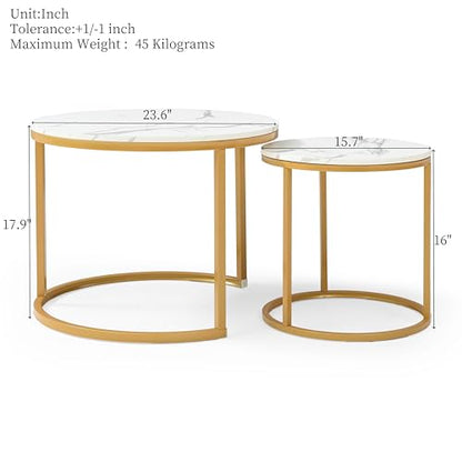 24" Marble Pattern Accent Side Table, Modern Nesting Side Tables with Metal Frame, Space-Saving Nesting Coffee Table Set for Living Room Apartment, White+Gray - color: White+gray