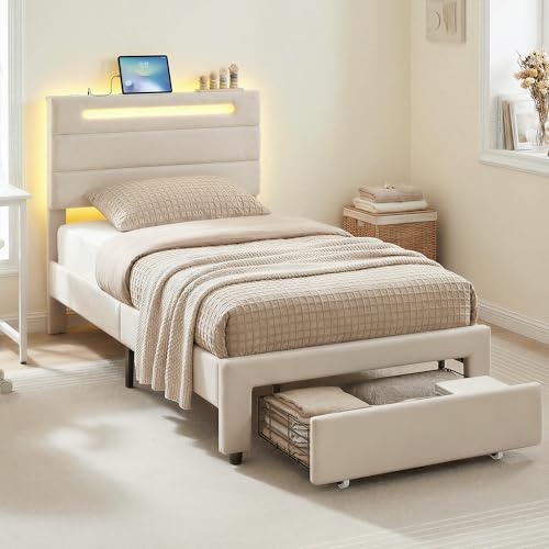 LIKIMIO Twin Bed Frames with Storage Drawer, Lights & Charging Station | Upholstered Modern Platform Bed, Twin Bed Frame with Headboard, No Box Spring Needed, Easy Assembly, Noise-Free, White - size: Twin