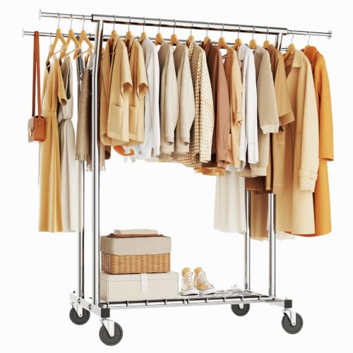 HYSEYY Heavy Duty Clothes Rack, Rolling Clothing Rack for Hanging Clothes with Shelves Load 700LBS,Portable Garment Wardrobe Closet Rack with Wheels for Bedroom,Laundry Room,Retail Store,Silver - color: Silver
