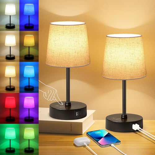 Ascher Small Bedside Table lamp Set of 2, RGB Color Changing Lamps, 3 Color Temperatures, Dimmable Nightstand Lamp with USB C+A Ports, Touch Desk Lamp for Bedroom Living Room, H11.4in(Flaxen Shade) - color: Black Base & Flaxen Shade - 2 Pack, size: 11.4 i