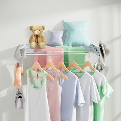 Wall Mounted Drying Rack 31.5", Foldable Clothes Drying Rack with 6 Towel Hooks and 5 Rods for Hanging Clothes, Space Saving Laundry Rack for Indoor Outdoor Bathroom Balcony Laundry Room(31.5") - size: 31.5''