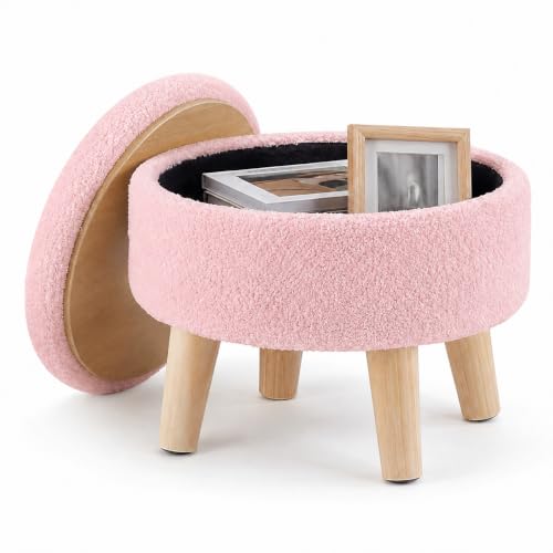 Simple Deluxe 13" Round Storage Ottoman with Wooden Legs & Dual-Use Tray Lid, Fluffy Teddy Boucle Ottoman Footstool for Bedroom, Living Room & Vanity, Pink - color: Pink