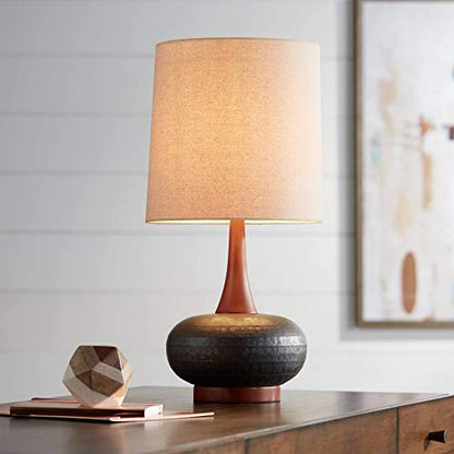 Andi 24 1/2" High Table Lamp Wood Ceramic Mid-Century Modern White | Colors May Vary. Hammered Bronze Brown Living Room Bedroom House Bedside Nightstand Home Office Drum Shade - color: Wood and Dark Hammered Ceramic