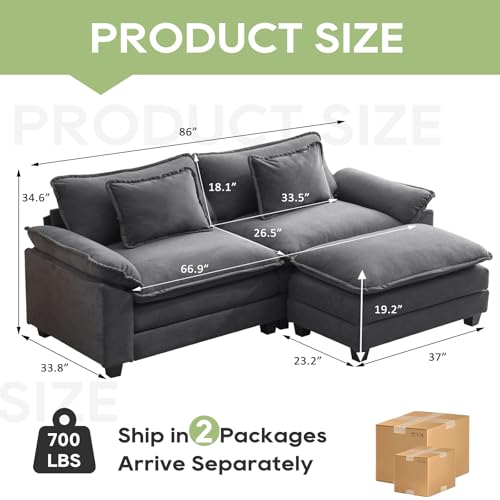 86" Modular Sectional Sofa, Comfy Deep Cloud Couch with Ottoman | L-Shaped Couches for Living Room, Modular Couch, Deep and Wide Seat, Velvet Sofa Sleeper with Throw Pillows, Blue Grey - color: Blue Gray, size: 86 Inch L