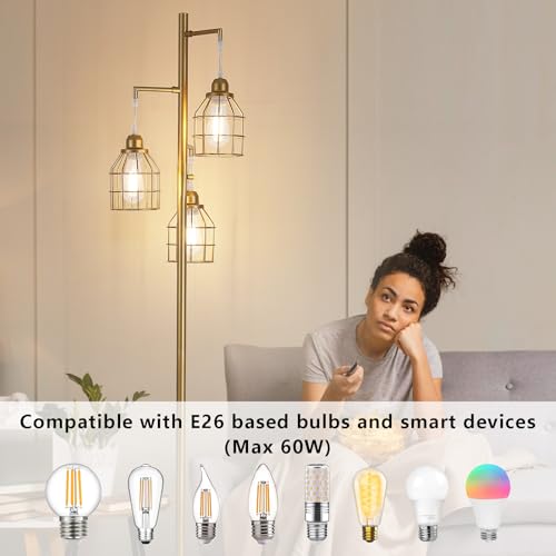 9MMML Golden Dimmable Floor Lamp,Industrial Gold Farmhouse Tall Standing Lamp for Living Room, Bedroom Office,3 Teardrop Cage Lampshade,3 LED Bulbs Inculded, 68'' Tall - color: Gold B