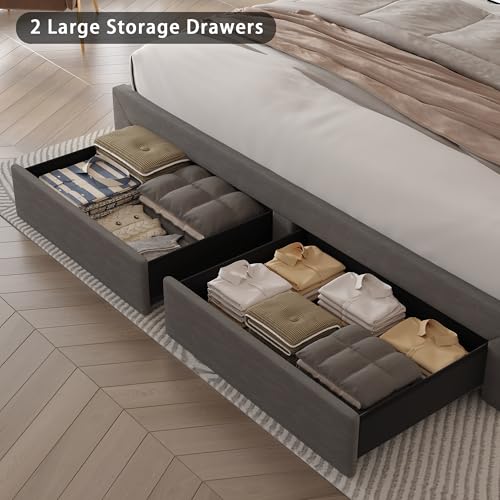 Full Size Bed Frame with Adjustable Headboard and Storage Drawer, Upholstered Bed Frame Full with RGB LED Lights and Charging Station, Easy Assembly, No Box Spring Needed, Grey - color: Grey, size: Full