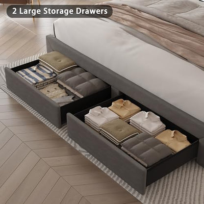 Full Size Bed Frame with Adjustable Headboard and Storage Drawer, Upholstered Bed Frame Full with RGB LED Lights and Charging Station, Easy Assembly, No Box Spring Needed, Grey - color: Grey, size: Full