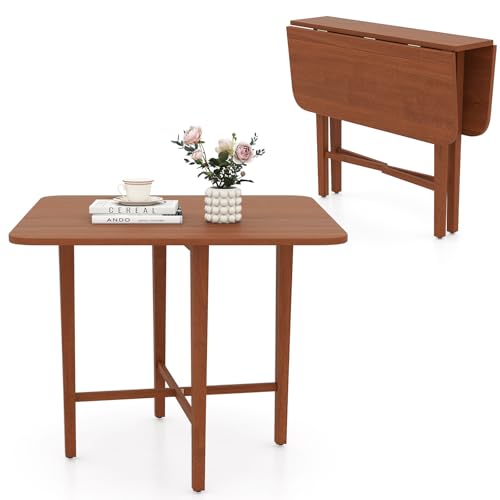 COSTWAY Square Drop Leaf Dining Table, 36" Compact Folding Kitchen Table | Solid Rubber Wood Legs, Farmhouse Extendable Table for for 2-4 People, Dining Room, Small Space, Apartment, Walnut - color: Walnut