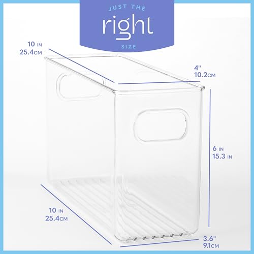 Plastic Food Storage 4 Pack Clear Container Bin with Handles for Organizing Kitchen, Pantry, Refrigerator, Freezer, Pantry, Cabinet, Closet, Bathroom. 10”x4”x6” - size: 10x4x6