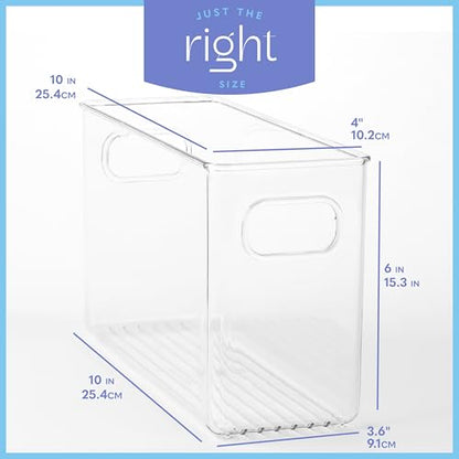 Plastic Food Storage 4 Pack Clear Container Bin with Handles for Organizing Kitchen, Pantry, Refrigerator, Freezer, Pantry, Cabinet, Closet, Bathroom. 10”x4”x6” - size: 10x4x6