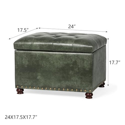 Storage Ottoman Rectangular Tufted Upholstered Ottomans with Rivet, Footrest Footstool Seat with Wood Legs for Living Room Bedroom (Black Green) - color: Black Green