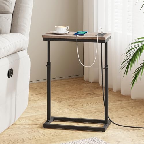 TUTOTAK End Table with Charging Station, Side Table, Tall Couch Table | Sofa Table, for living Room, Bedroom, Greige TB01BG084 - color: Greige, size: 1 Pack, style: With Plug