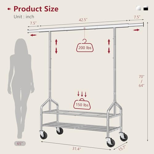Clothes Rack with 2 Shelves, Heavy Duty Load 350 LBS, Chrome | Rolling Clothing Rack, Adjustable Length and Height, Garment Rack with Wheels for Bedroom, Student Dormitory and Laundry Room - color: Chrome