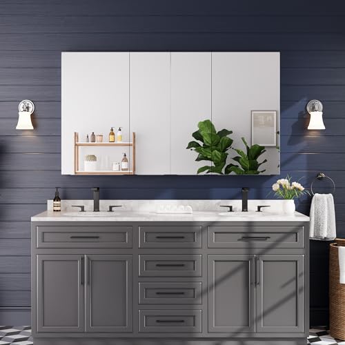 64"x36" Medicine Cabinet with Mirror & Soft Close Hinges, Surface Mount or Recessed Medicine Cabinet with Adjustable Shelves, Bathroom Wall Medicine Cabinet with Storage, Aluminum Alloy Frame, Combo - size: 64" x 36"