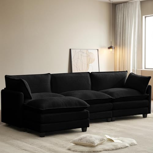 ROWHY 112'' Modular Sectional Cloud Couch with Movable Ottoman, 4 Seat Modern Chenille Sofa, Deep Seat L Shaped Couch for Living Room Bedroom Apartment,Jet Black - color: Jet Black, size: 112''
