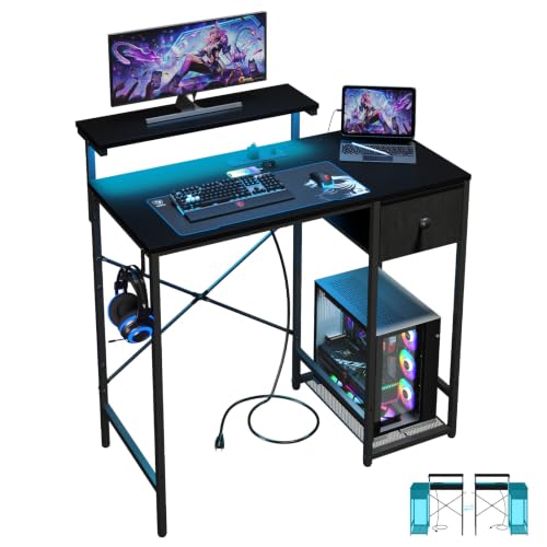 X-cosrack 33.5" Small Gaming Desk with LED Lights & Power Outlets, Drawers | Computer Desk with Fabric Drawer & Side Hook, Reversible Table with Monitor Stand for Game Room, Bedroom, Carbon Fiber Black - color: Carbon Fiber Black, size: 33.5"