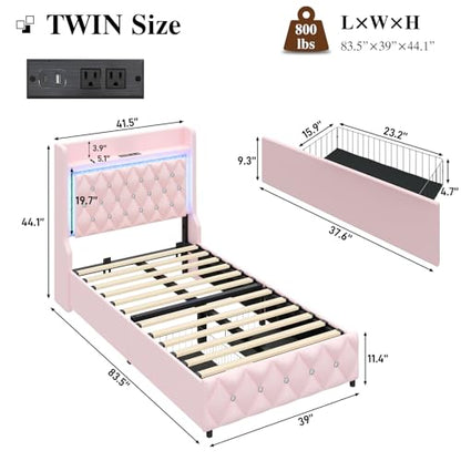 Twin Bed Frame with LED Lights & Charging Station, Upholstered Bed Frame Twin Size with Storage Headboard & 2 Drawers, Diamond Tufted, Curved Wingback, PU Leather, No Box Spring Needed, Pink - color: Pink, size: Twin
