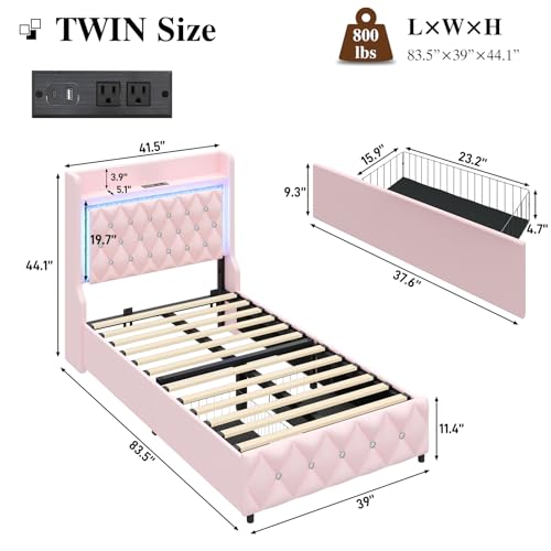 Twin Bed Frame with LED Lights & Charging Station, Upholstered Bed Frame Twin Size with Storage Headboard & 2 Drawers, Diamond Tufted, Curved Wingback, PU Leather, No Box Spring Needed, Pink - color: Pink, size: Twin