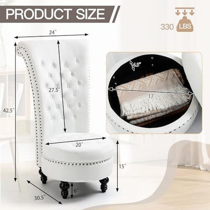 AVAWING High Back Velvet Throne Chair with Storage & Nailhead Trim, White | Tufted Ergonomic Back; Hidden Storage; Sturdy Rubberwood Legs; High-Density Foam; Easy Assembly; For Living Room Bedroom - color: White
