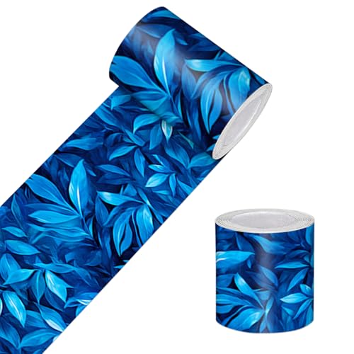HOMETITUTE Peel and Stick Wallpaper Border 4x196in Blue Leaf Pattern | Blue Leaf wall trim, nature look, ceiling edge decor, door frame accent, mirror border, for smooth indoor surfaces - color: Wall border decoration#17