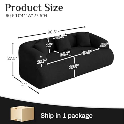91" Boneless Couch,Cloud Couch,Chenille Curved Sofa with 3 Seater and 3 Pillows, Modern Compression Sofa for Living Room, Bedroom and Apartment, No Assembly Required, Black - color: Black, size: 91''