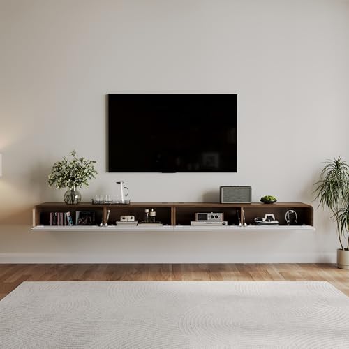 POVISON Fully-Assembled Minimalist Floating TV Stand, Modern Wall-Mounted Entertainment Center with 4 Flip-Down Cabinet Doors, Solid Wood Media Console, 110.24" - color: Walnut & White, size: 110.24"