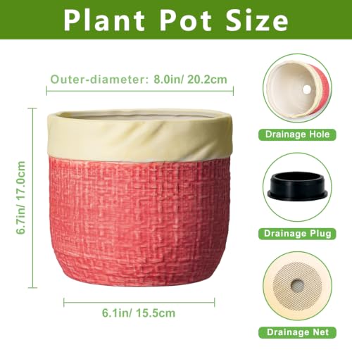 Ceramic Pots for Plants, 8 Inch Planter, Round Plant Pot, Red | Decorative Flower Pots with Drainage Hole, Boho Planter for Indoor Plants, Living Room Decor, Plant Gifts for Women - color: Red, size: 8 Inch