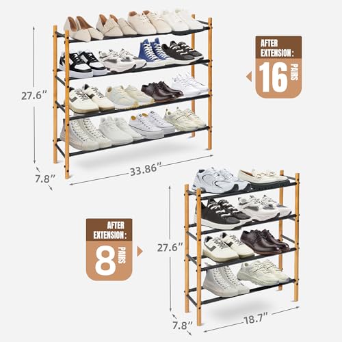 Storage MANIAC Expandable Shoe Rack, 16 Pairs Stackable Small Shoe Rack, Metal Adjustable Shoes Organizer for Closet, Entryway, Hallway, Garage, Front Door, Shoes Shelves, Bamboo 4 Tier - size: 4 Tier